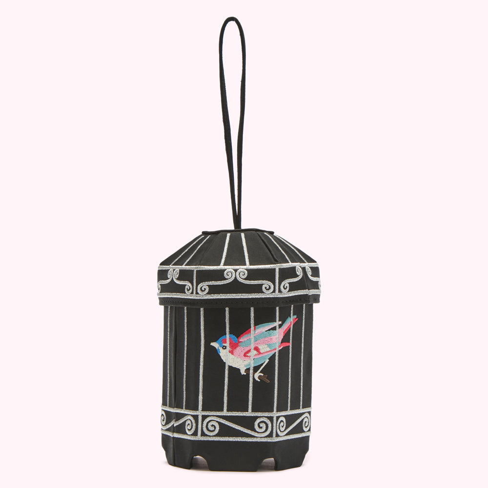 Black birdcage-shaped bag with embroidered bird.