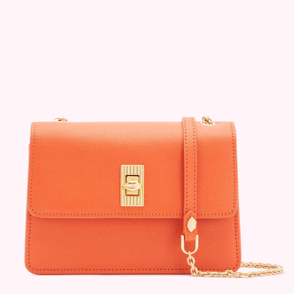 Orange leather crossbody bag with gold chain strap and clasp.