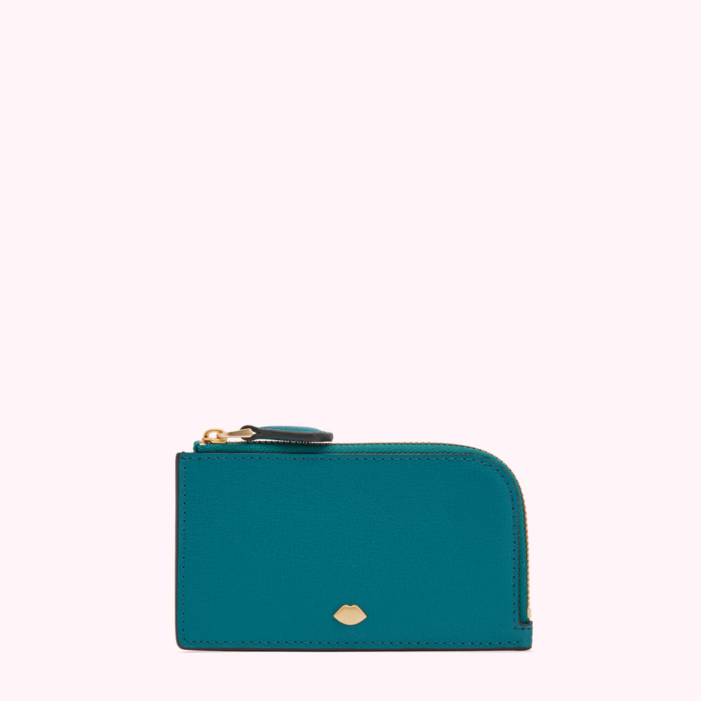 Teal leather zip-around purse with gold zipper and logo.