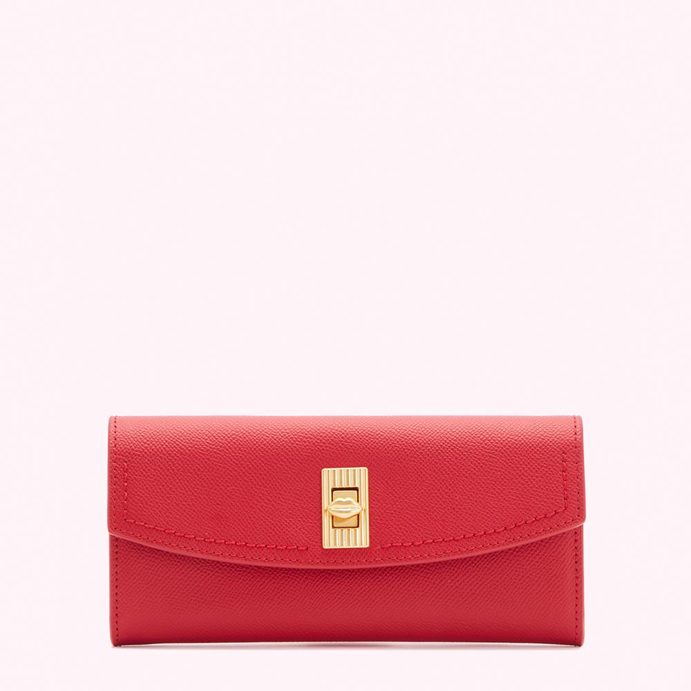 Red leather wallet with gold clasp.