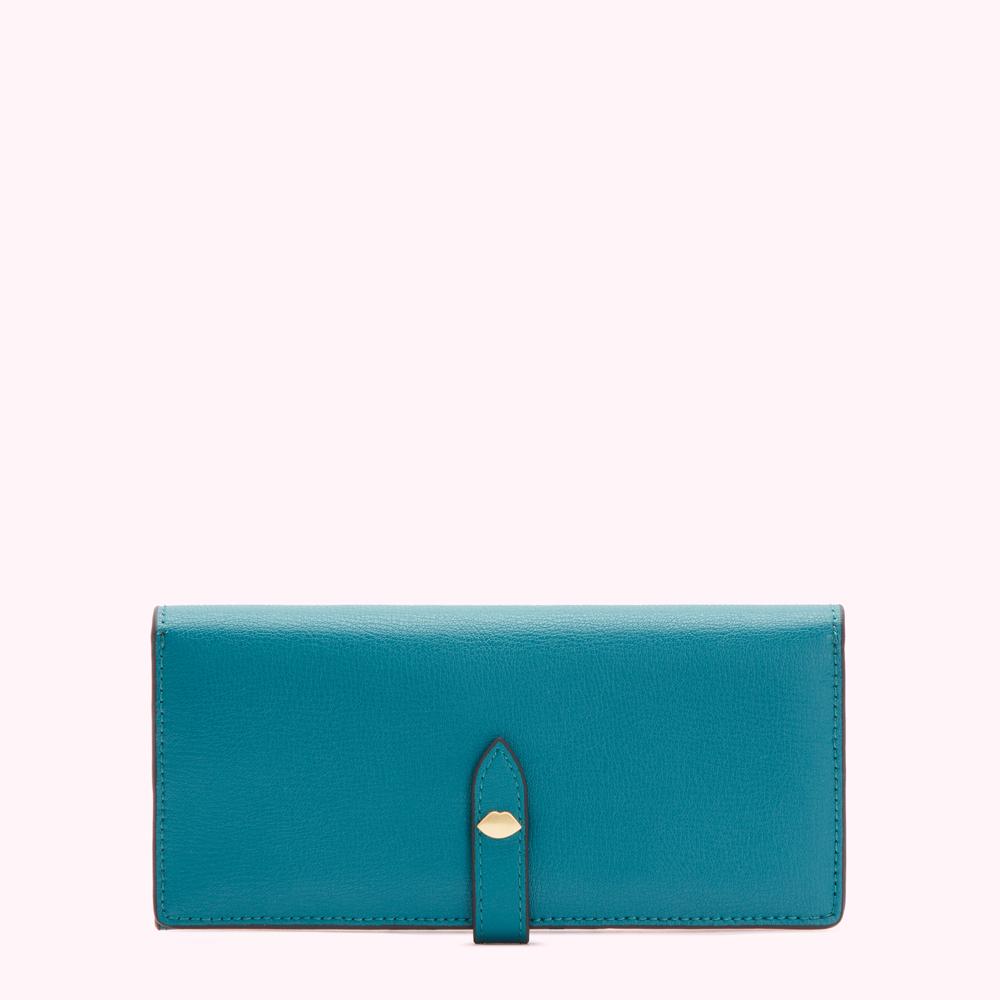 Teal leather wallet with gold clasp.