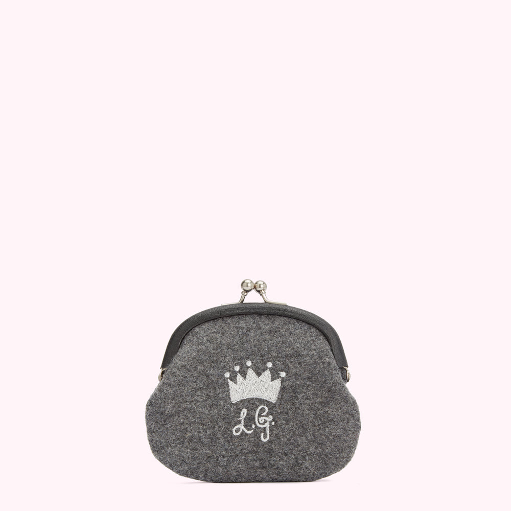 Grey felt coin purse with a silver crown and initials LG.