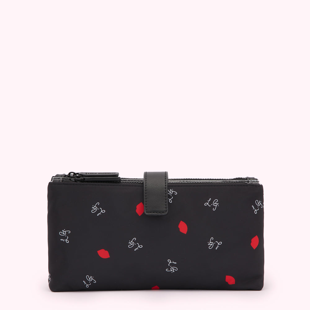 Black wallet with red lips and white LG logos on a black background.
