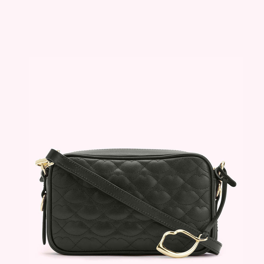 Black quilted crossbody bag with gold-toned hardware.