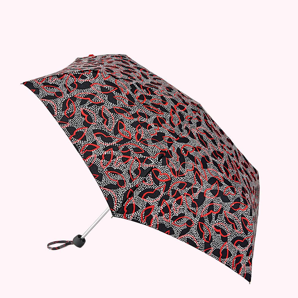Compact umbrella with a black background and a red and white floral pattern.