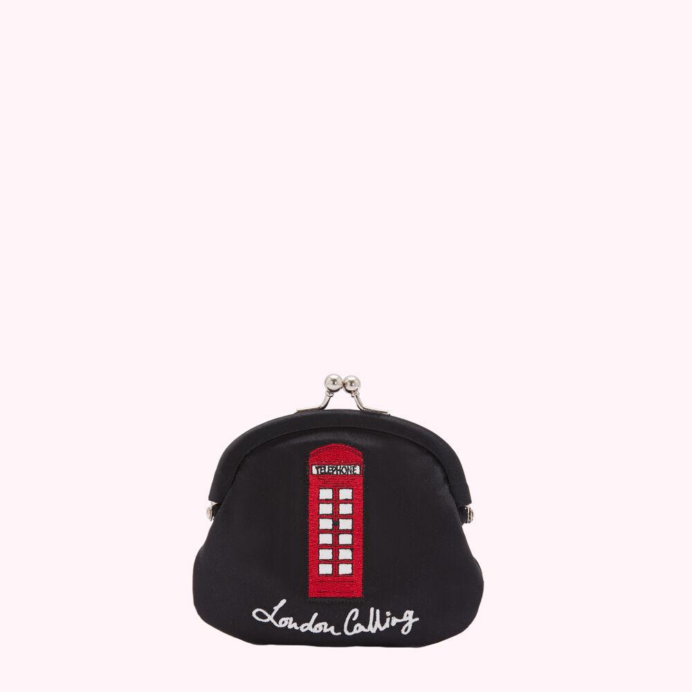 Black purse with embroidered red telephone booth and "London Calling" text.