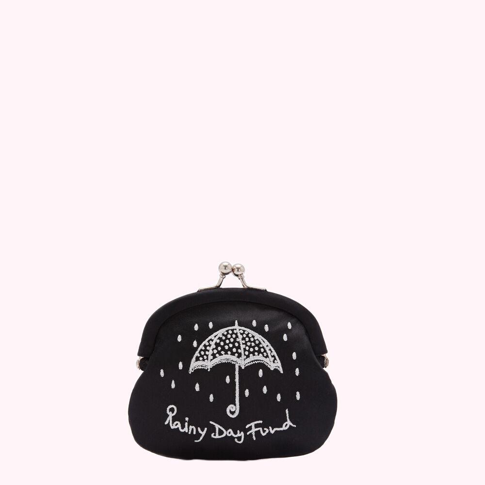Black satin coin purse with embroidered umbrella and "Rainy Day Fund" text.