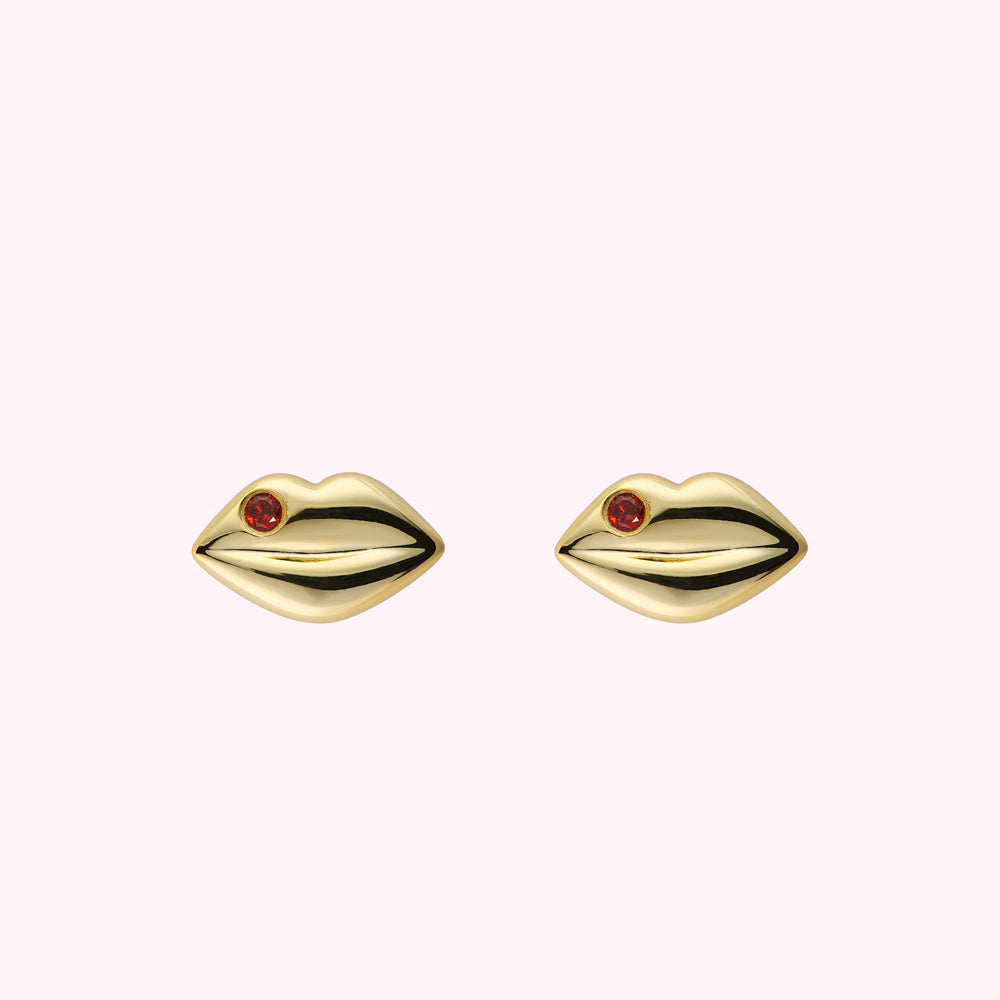 14k gold plated sterling silver lip shaped stud earring with inset Ruby precious stones.