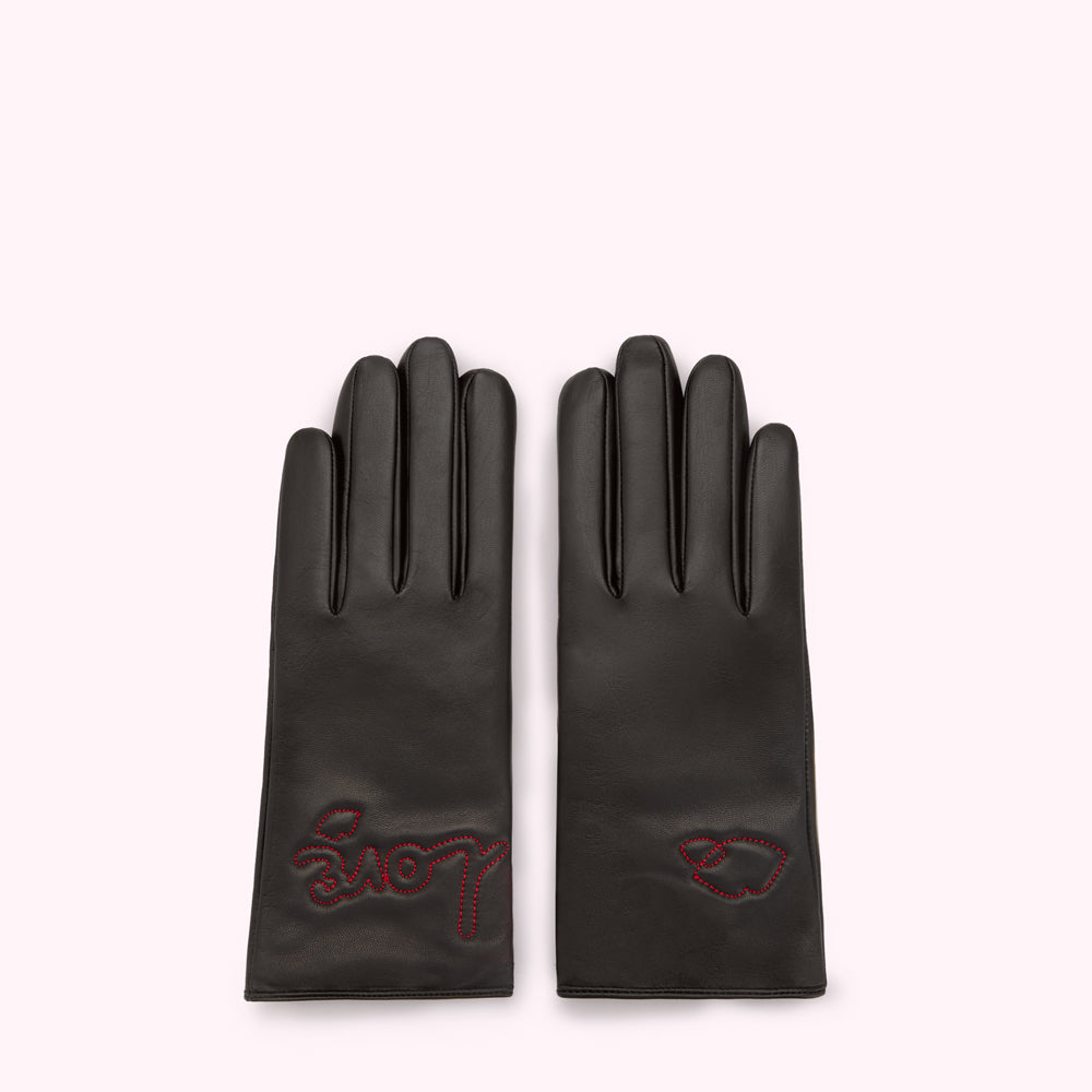 BLACK LOVE EMBROIDERED LEATHER GLOVES