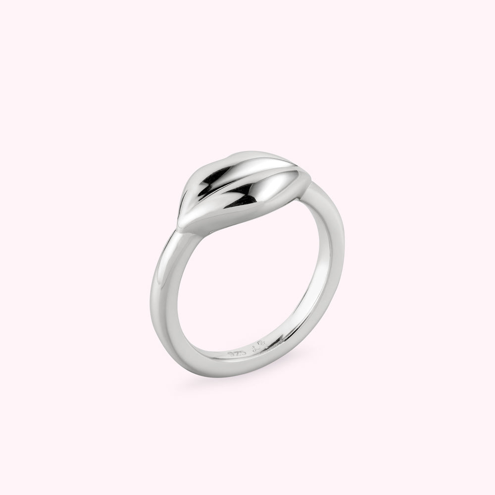 Angle side shot of silver lip shaped ring on a white background.