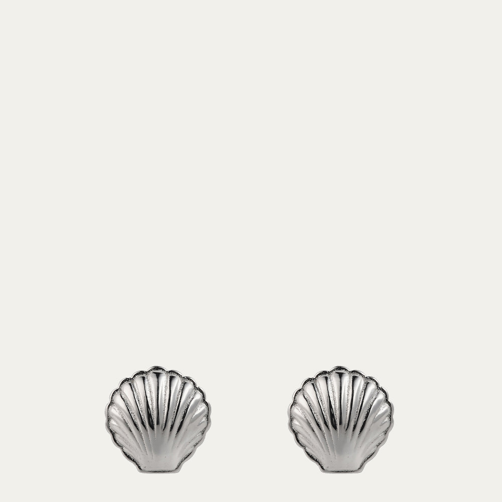 Front image of a pair of sterling silver shell shaped stud earrings.