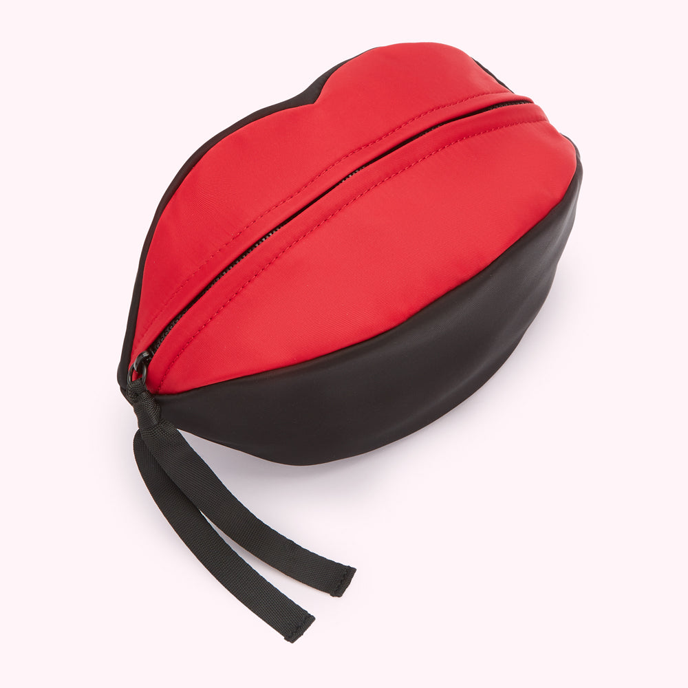 Red and black lip-shaped zippered pouch.