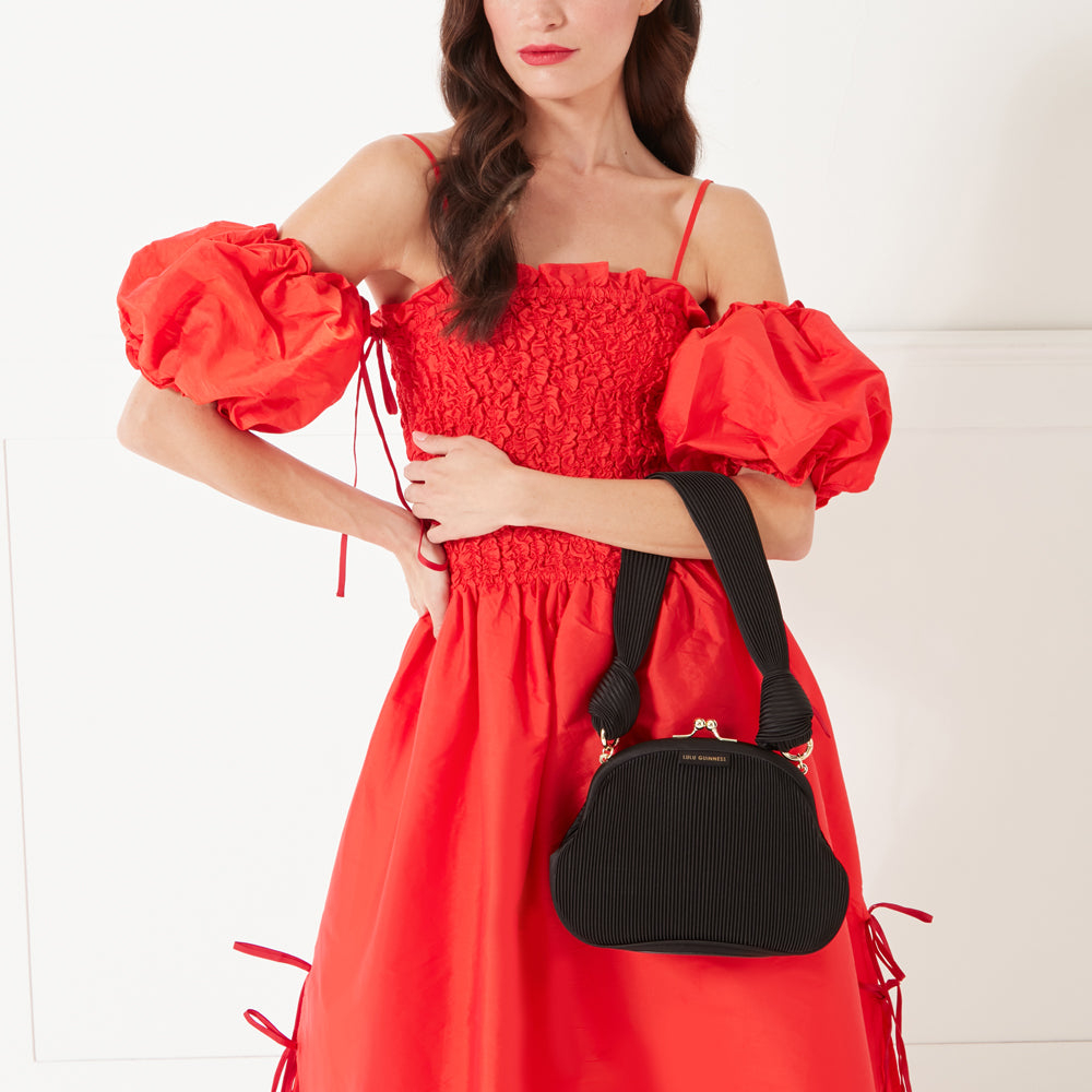 BLACK SATIN PLISSE LOIS CLUTCH