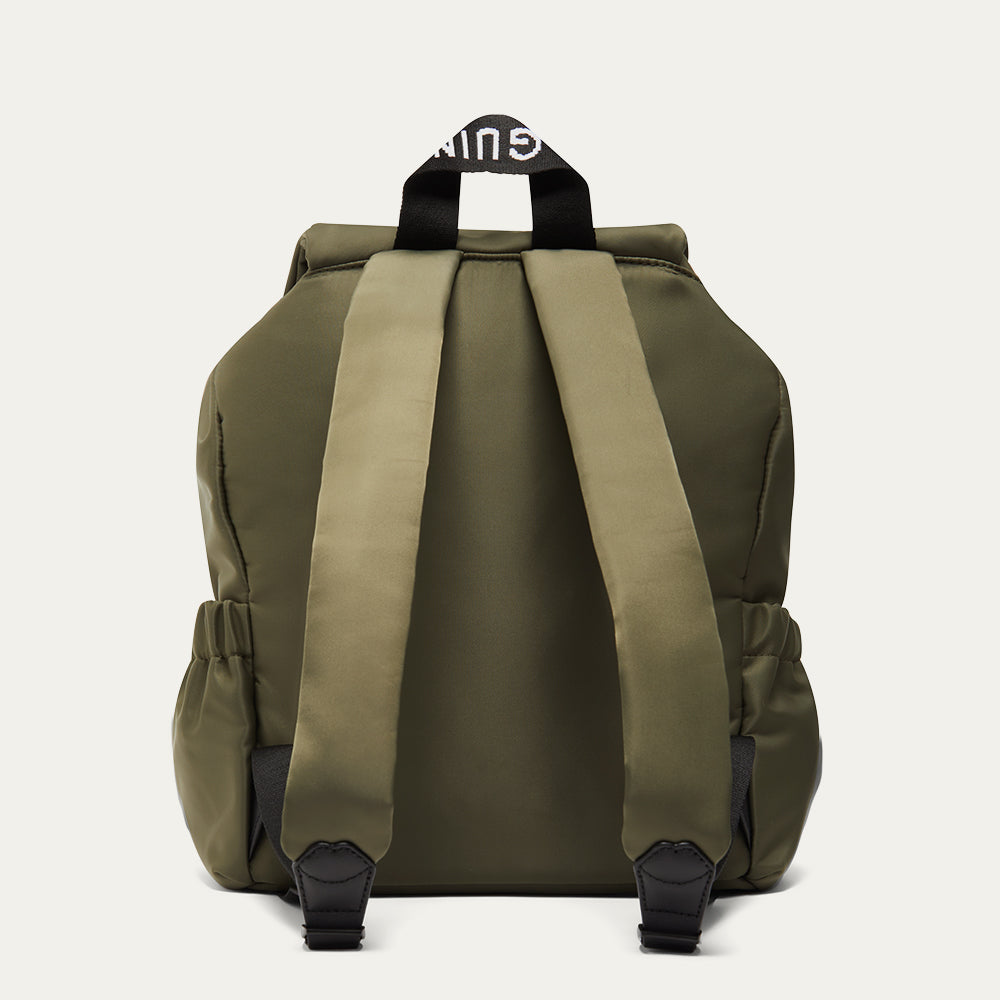 Green backpack with visible brand logo on a white background