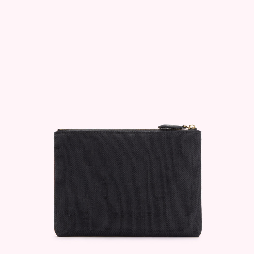 Back image of a black canvas pouch.