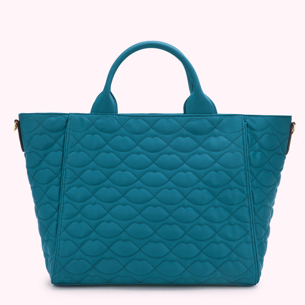 VERDIGRIS GREEN QUILTED LIPS CARLY TOTE BAG