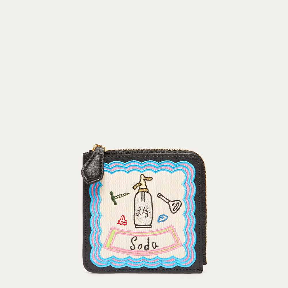 Small black coin purse with colorful design on a white background