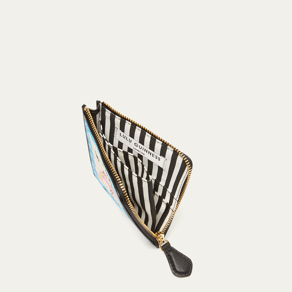 Coin purse with striped lining and gold zipper on a white background