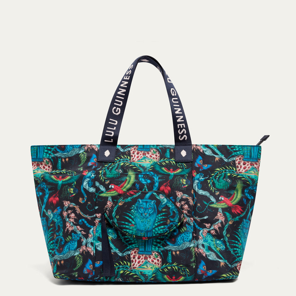 Colorful tote bag by Lulu Guinness x Emma Shipley with animal pattern and 'Lulu Guinness' branding on a white background