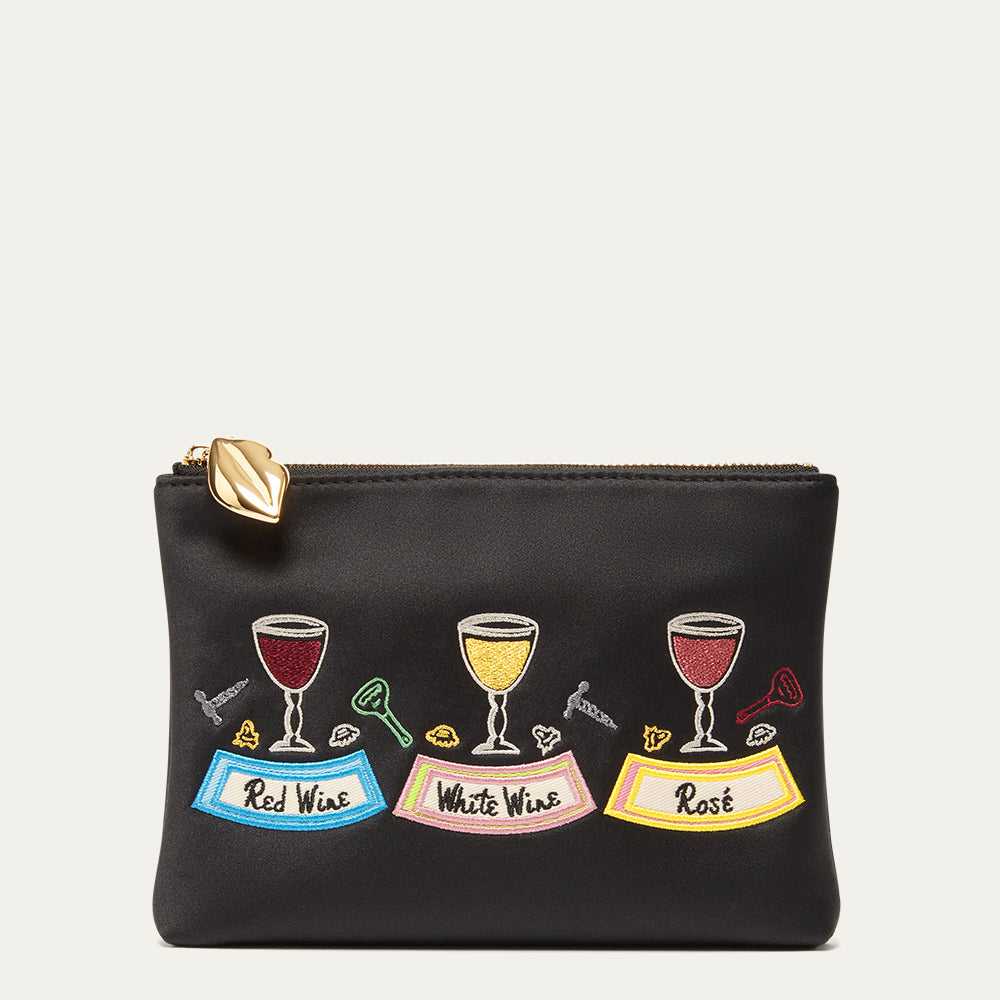 Black pouch with wine-themed illustrations and text on a white background