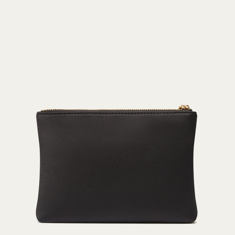 Black pouch with a gold zipper on a light gray background