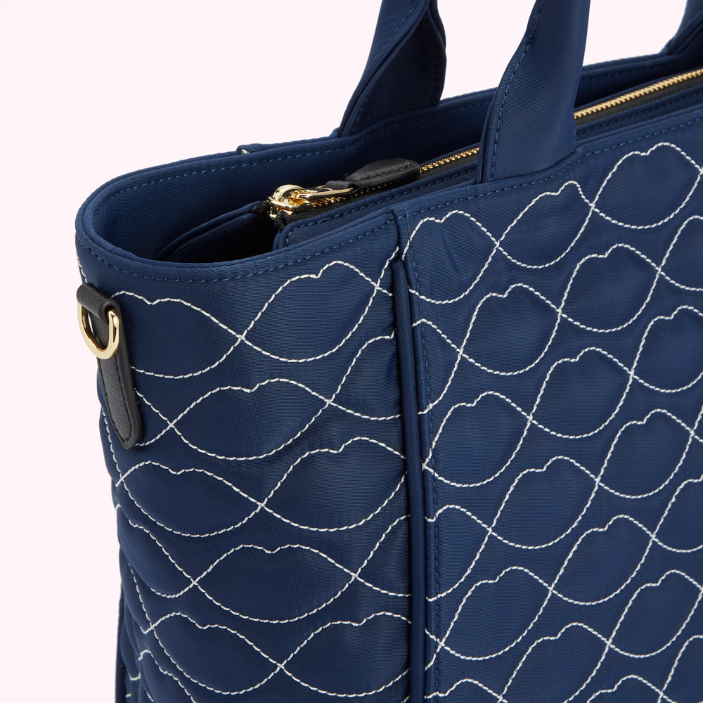 NAVY QUILTED LIPS CARLY TOTE BAG