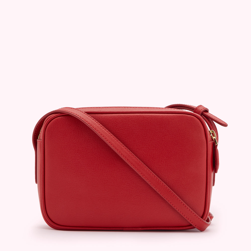 Red leather crossbody bag with gold hardware.
