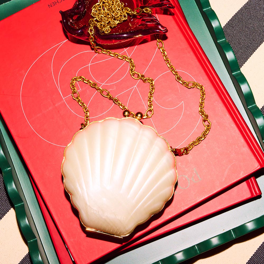 A pearlescent shell shaped clutch bag lying flat on a pile of books. 