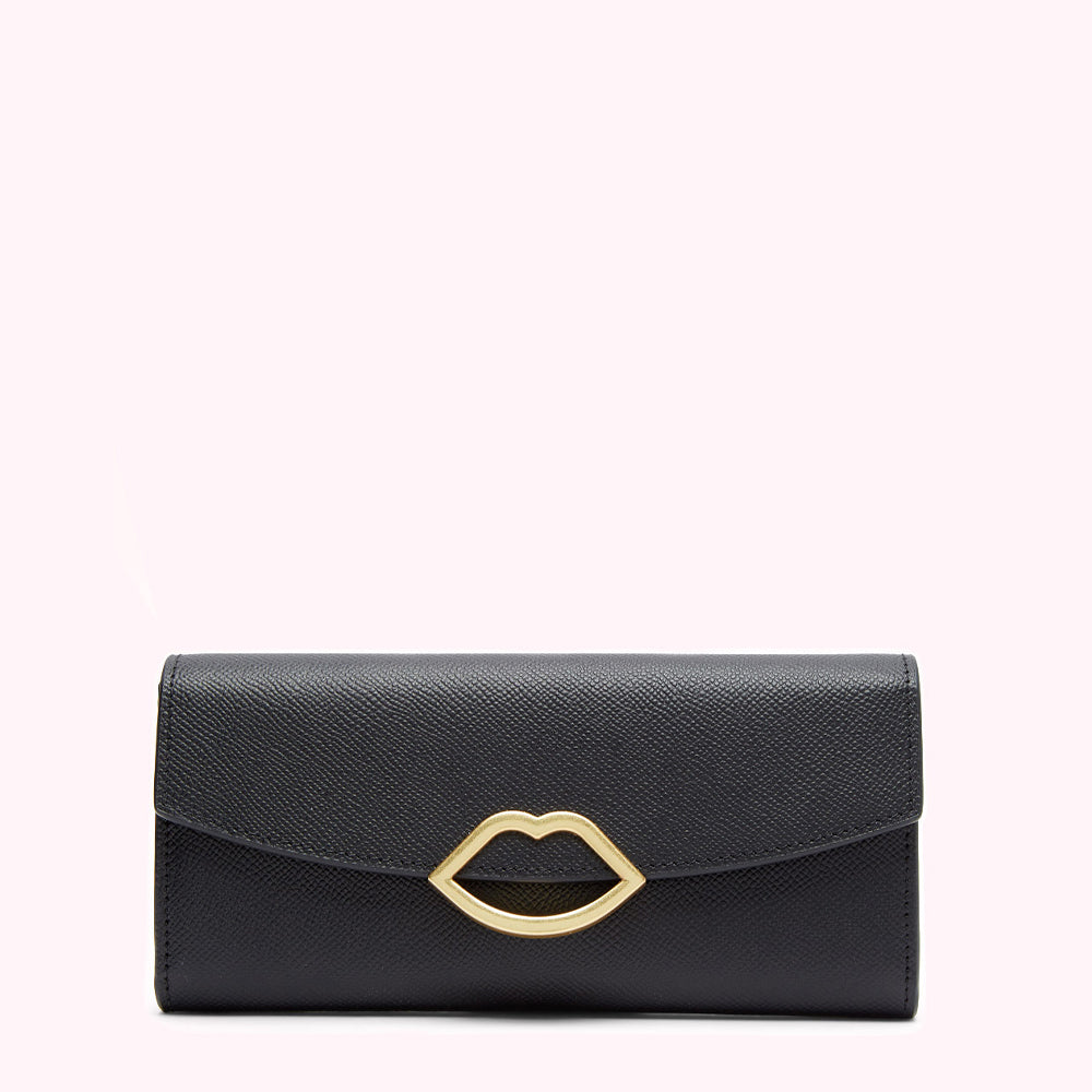 Black leather wallet with gold lip detail against a white background.
