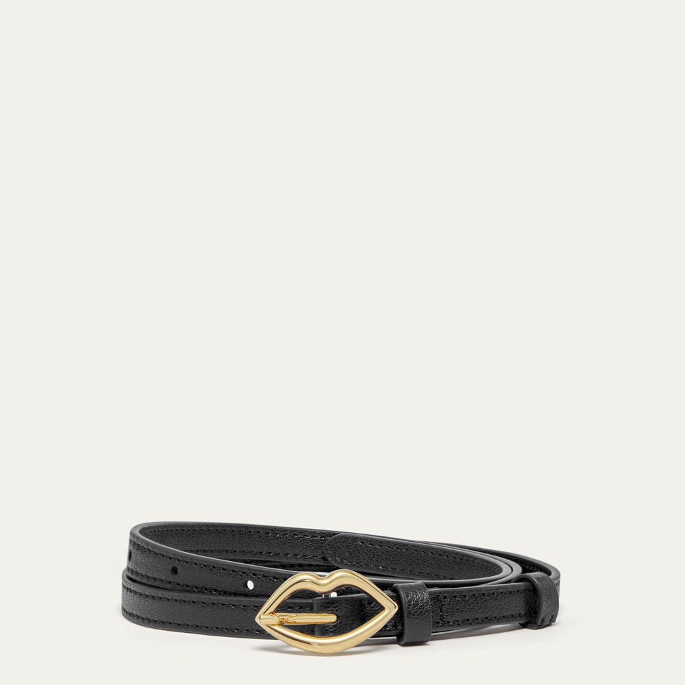 Black leather belt with gold lip-shaped buckle.