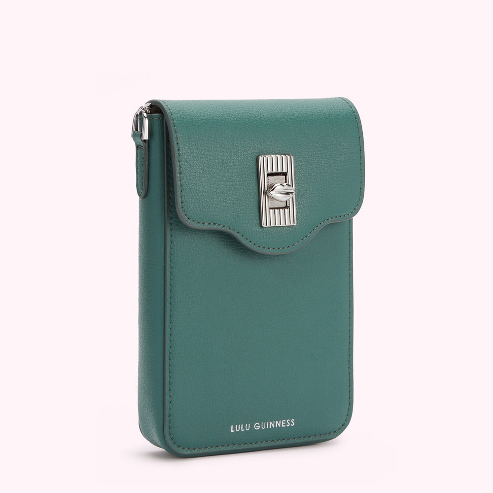 Teal Lulu Guinness crossbody phone bag with silver clasp.
