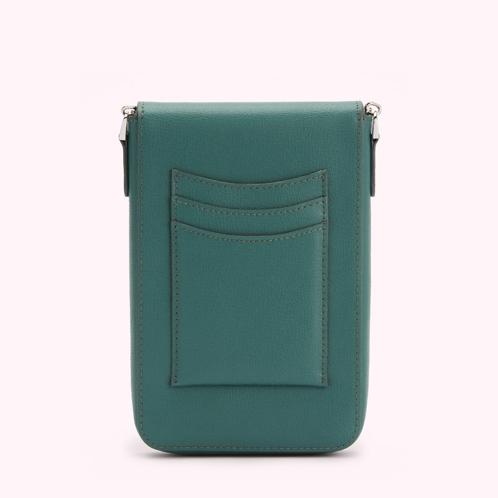 Teal leather phone crossbody bag with multiple card slots.
