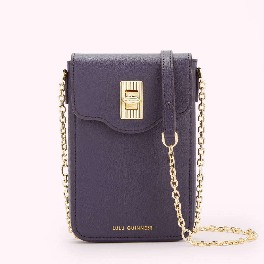 Purple Lulu Guinness crossbody phone bag with gold chain strap and clasp.