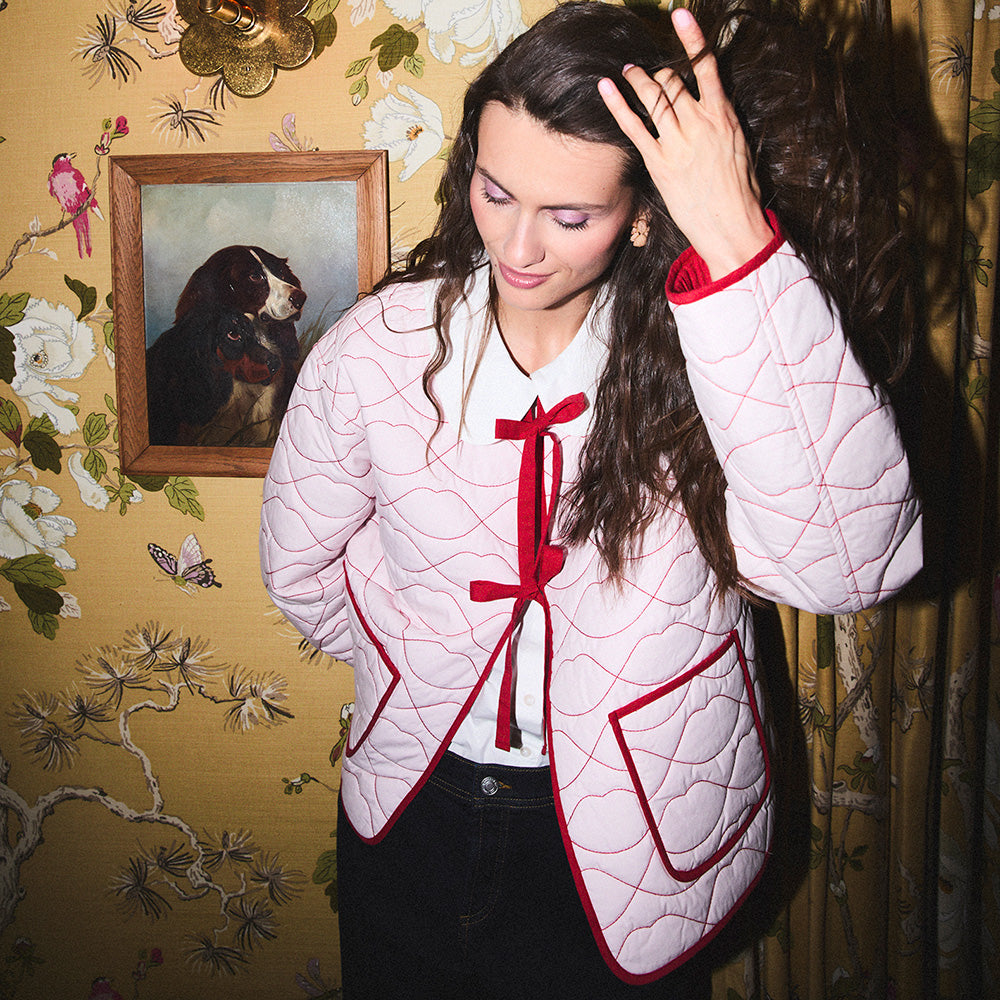 Pale Pink & Red Lip Quilted Jacket | Lulu Guinness x Lands End Pale Pink & Red Lip Quilted Jacket | Lulu Guinness x Lands End