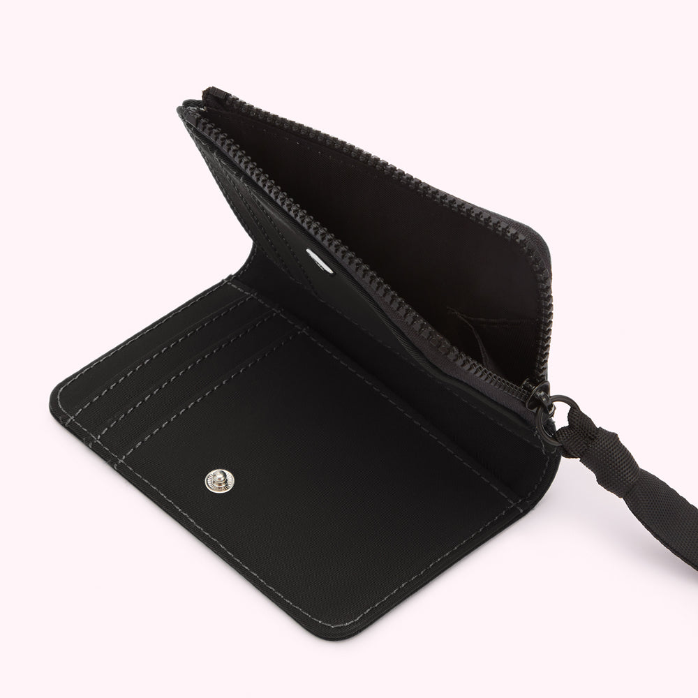 Black zipper wallet with card slots and a wrist strap, open to show the interior.
