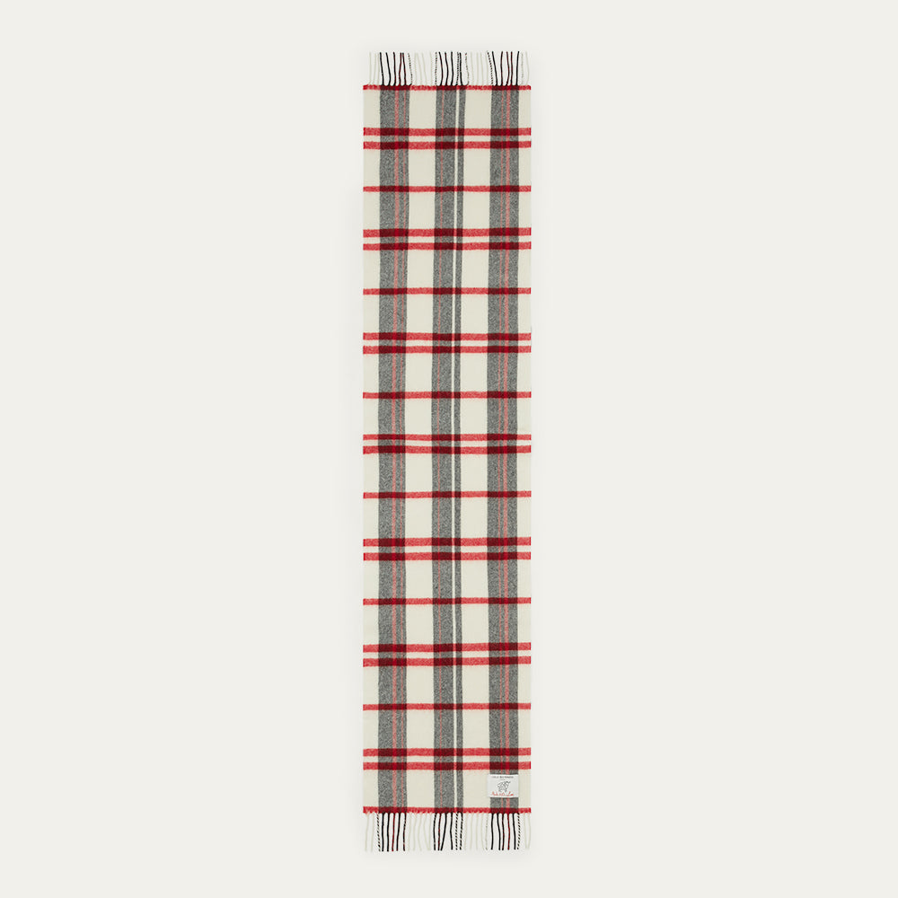 Plaid scarf with red, gray, and white stripes on a light gray background