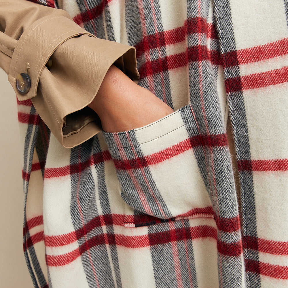 Close-up of a person wearing a beige coat with a red and gray plaid patterned jacket.