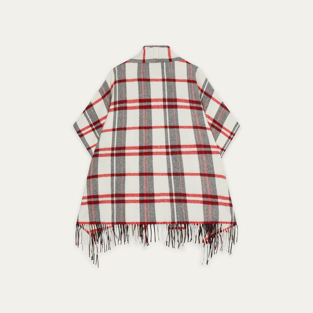 Plaid poncho with red, gray, and white colors on a white background