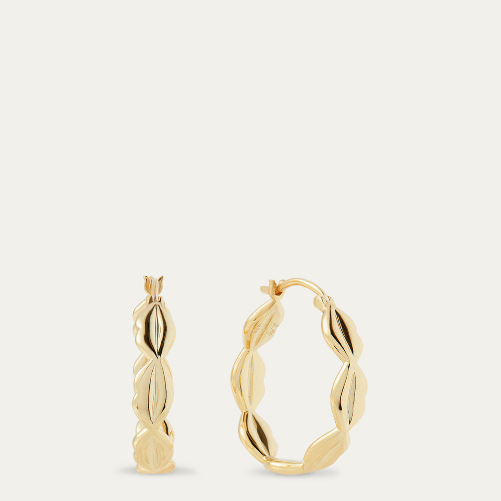 Gold hoop earrings on a light beige background