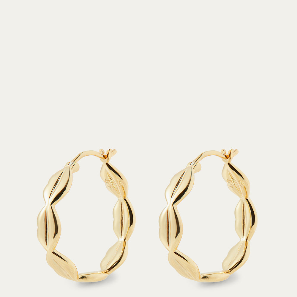 Gold hoop earrings on a light beige background