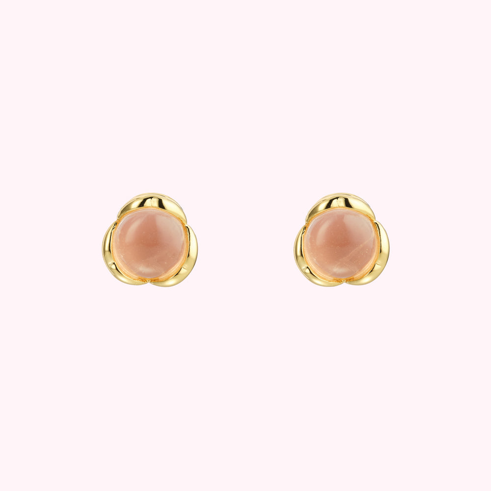 Pair of rose quartz and gold flower stud earrings.
