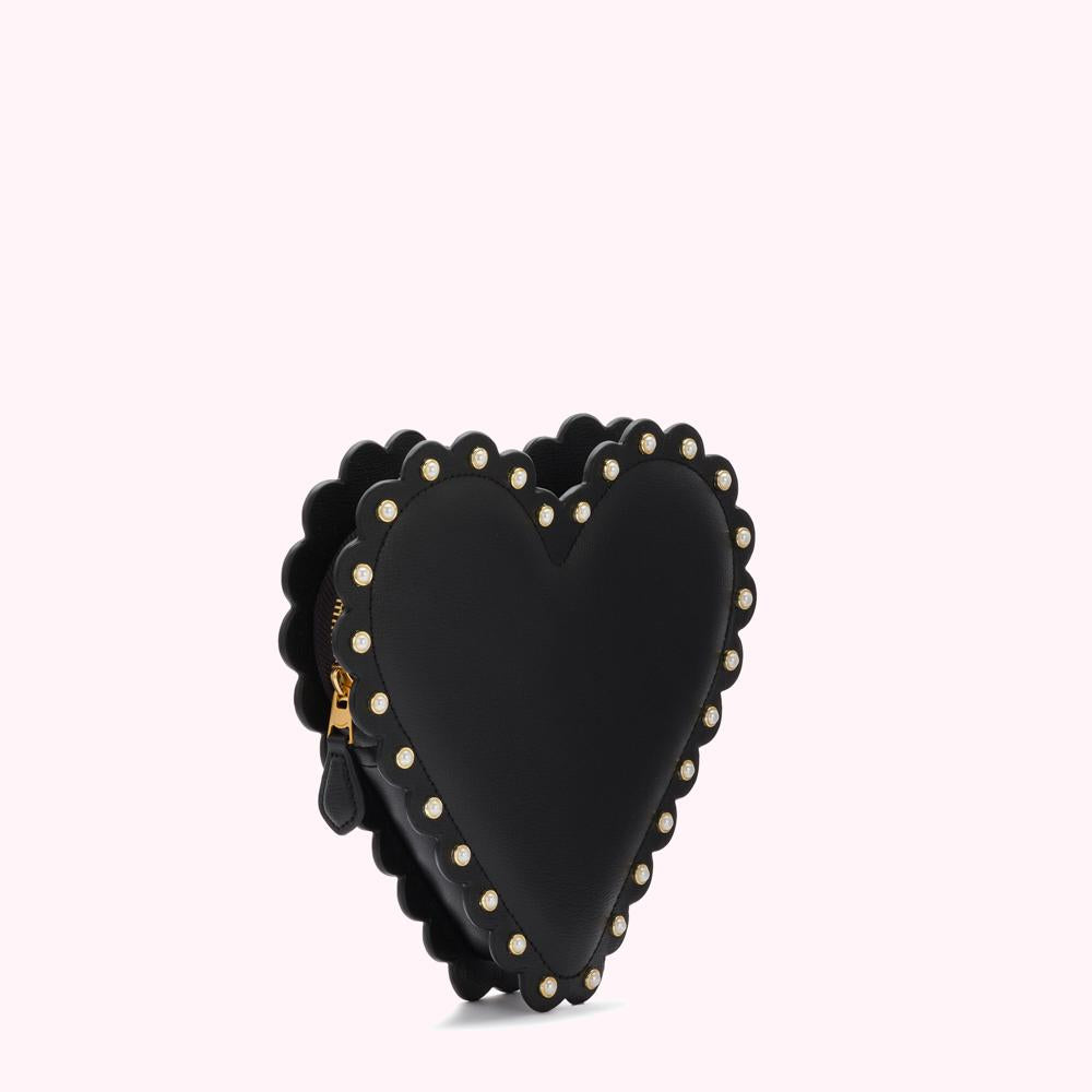 BLACK SCALLOP AND PEARLS HEART FREYA CROSSBODY BAG