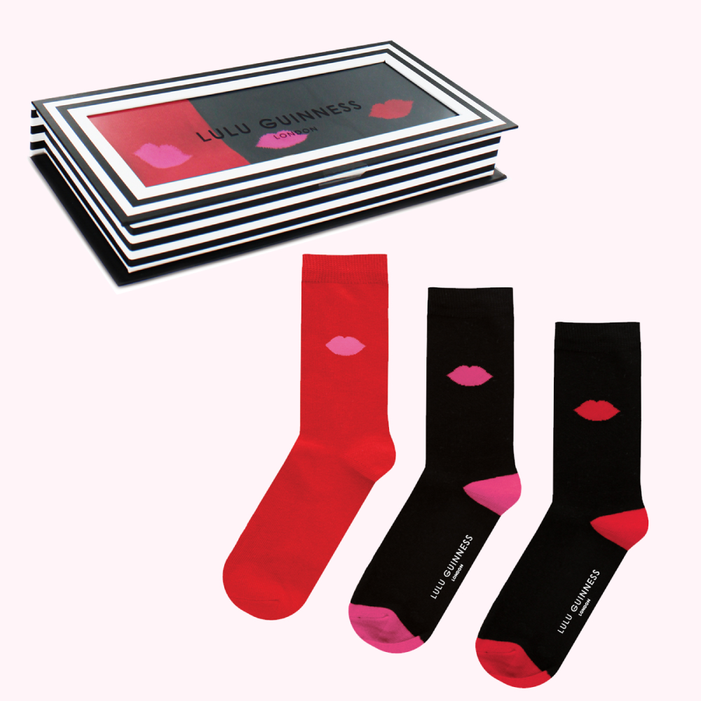 BLACK RED AND PINK LIP BLOT ANKLE SOCKS GIFTBOX