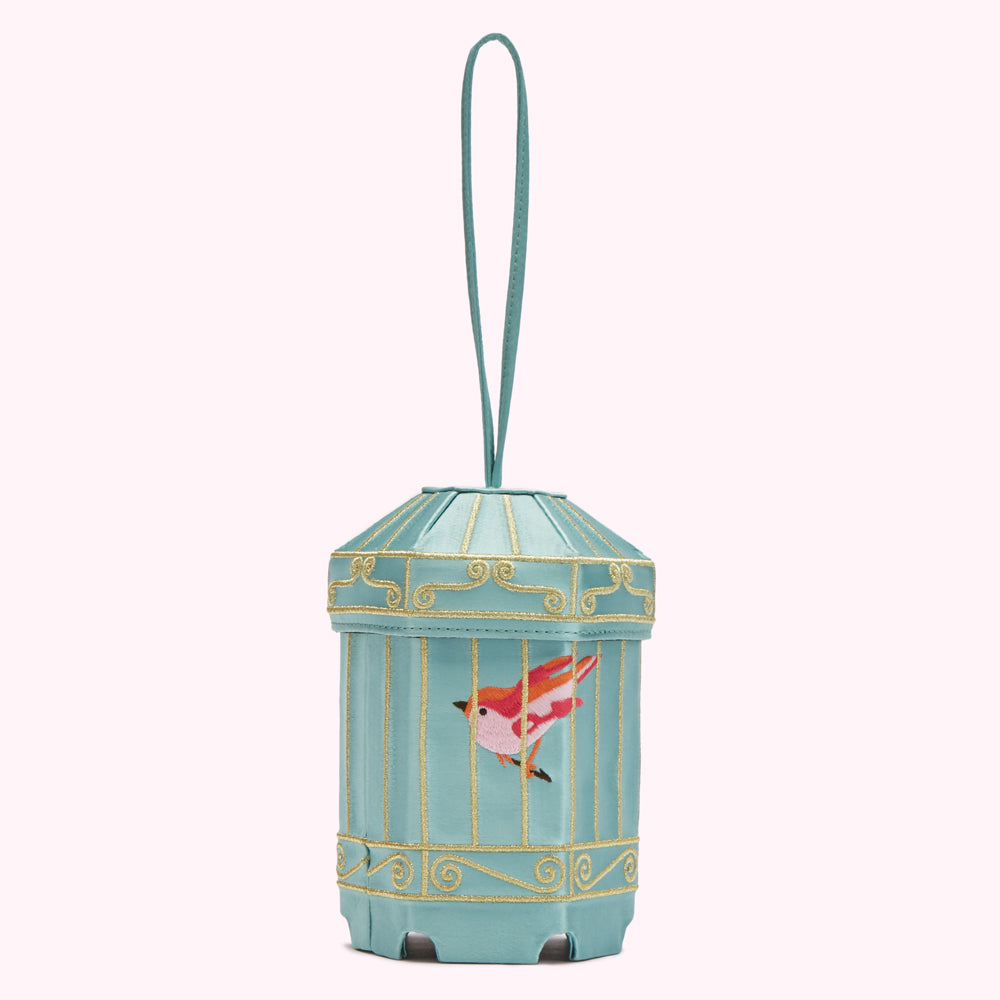 Light blue birdcage-shaped handbag with a small orange bird inside, gold detailing, and a satin strap.