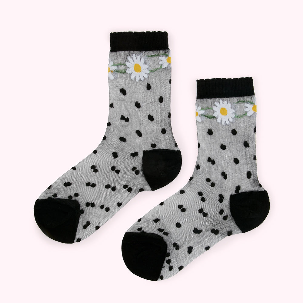 BLACK SHEER POLKA DOT DAISY ANKLE SOCKS